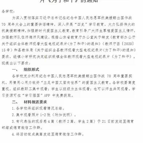 铭记历史   致敬英雄                               ——李王小学组织开展观看纪录片《为了和平》学习活动