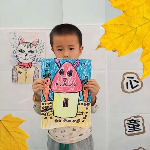 美术一班本周美术作品《兔子拔萝卜》