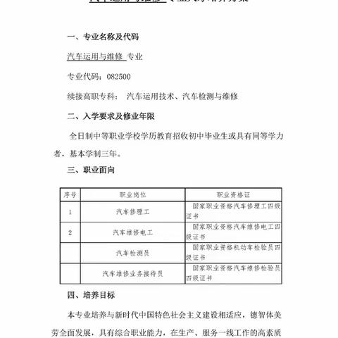 信宜市丁堡职业高级中学汽车运用与维修专业人才培养方案