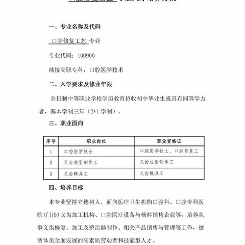 信宜市丁堡职业高级中学口腔修复工艺专业人才培养方案