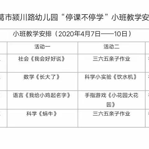 颍川路幼儿园小班级段第九周活动安排