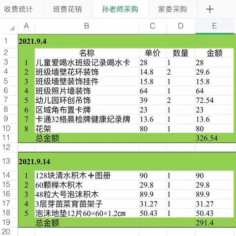 小一班班级内采购备忘2021.9.14