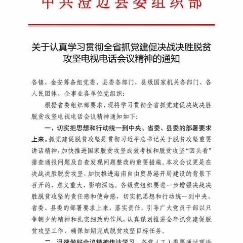 老城中学党支部组织学习巜关于认真学习贯彻全省抓党建促决战决胜脱贫攻坚电视电话会议精神》的材料