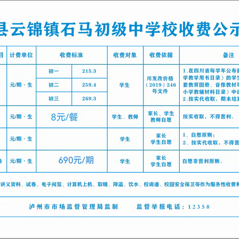 泸县云锦镇石马初级中学校2024年秋期收费项目和收费标准公示