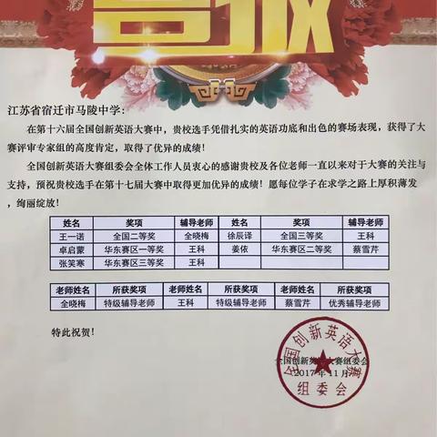 马陵学子全国创新英语大赛绚丽绽放