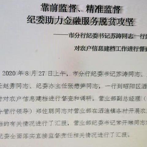 靠前监督、精准监督 纪委助力金融服务乡村振兴