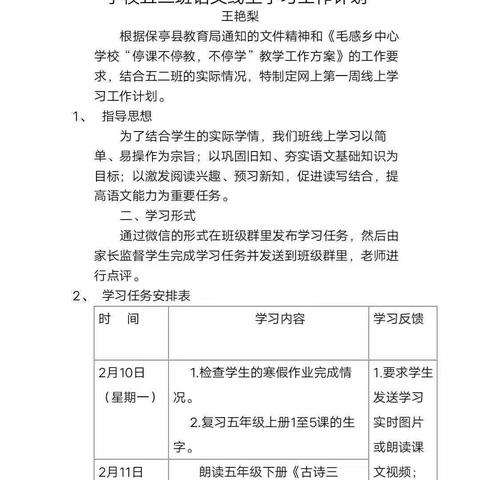 停课不停学，我们在路上――毛感中心学校五二班语文线上教学工作小结（王艳梨）