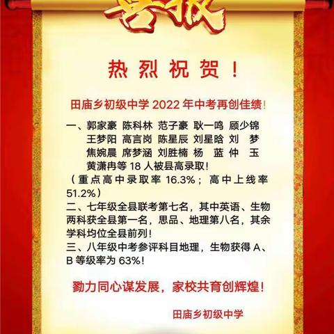 热烈祝贺田庙初中2022年中考重点高中录取率居全县农村初中第一