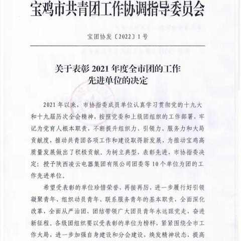 长安银行宝鸡分行团委荣获2021年度全市团的工作先进单位荣誉称号