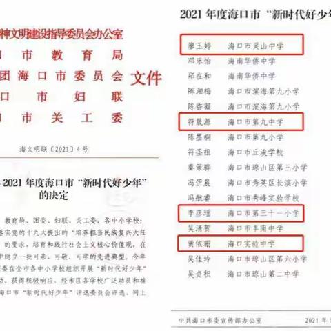 【喜报】2021年度海口市“新时代好少年”名单发布，美兰4位少年榜上有名