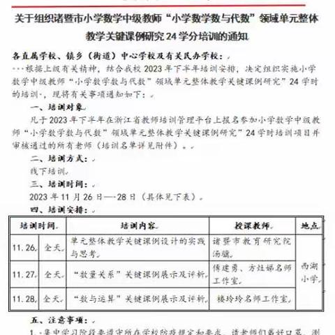 整体教学同探讨 实践培训共提升——记诸暨市小学数学中级教师“数与代数”领域单元整体教学关键课例研究24学分