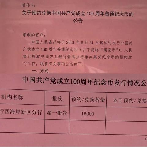 农行西海岸新区分行建党100周年纪念币兑换