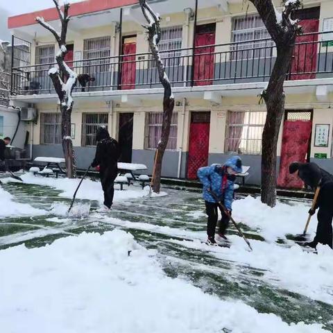 初冬白雪铺满园，师生共扫保安全