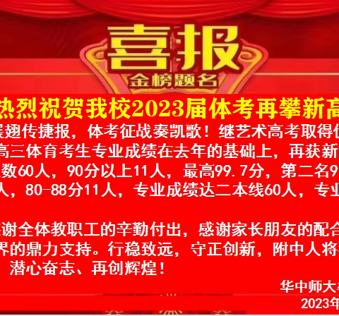 披甲出征    载誉而归          ＿＿＿华中师大牟定附中2023届体育专业高考再创辉煌