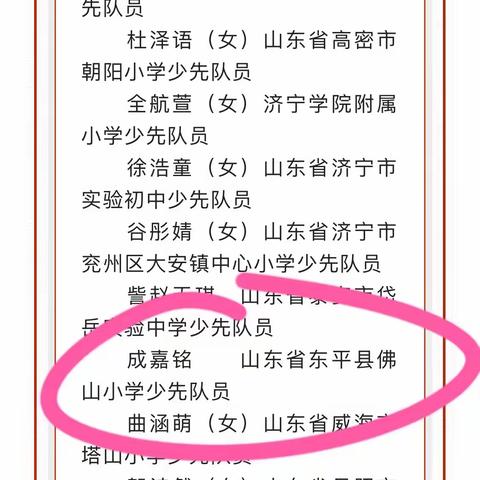 母校的骄傲———祝贺佛山小学毕业生成嘉铭同学荣获全国优秀少先队员称号！