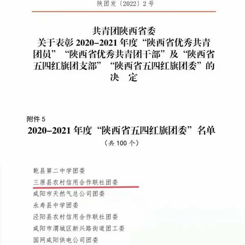 【信合党旗红—员工队伍红】三原联社团委荣获“陕西省五四红旗团委”荣誉称号