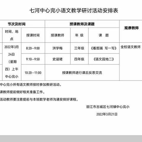 丽江市古城区七河镇中心完小2021学年下学期语文教研活动