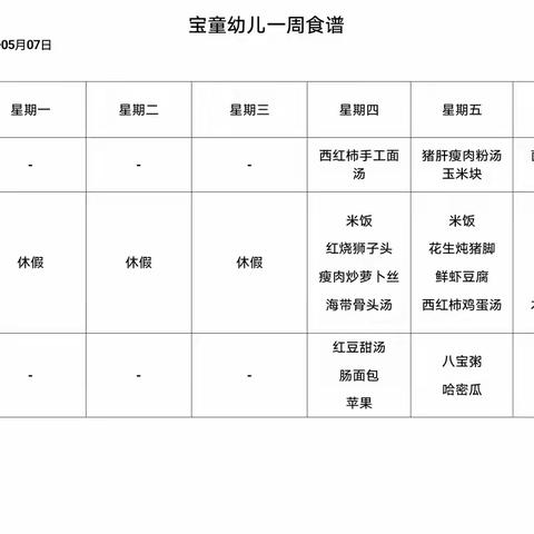 海口市琼山幼儿园宝童分园~5月5日~5月13日伙食菜谱及图片