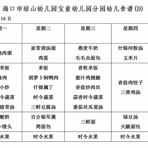 琼山幼儿园宝童分园第8周食谱2021年4月12-4月16日