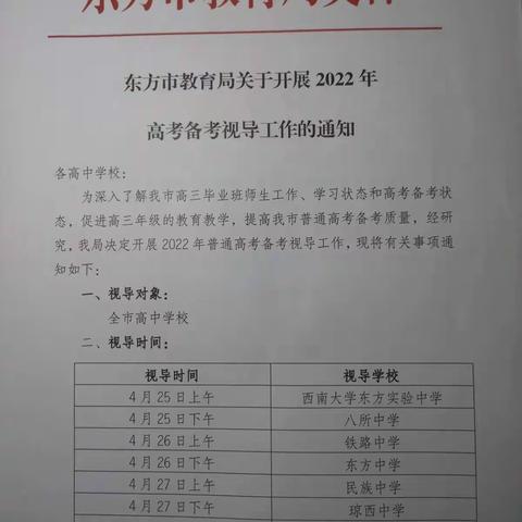 滟滟随波千万里，何处春江无月明一一东方市教育局高考备考视导小组深入各高中学校工作纪实