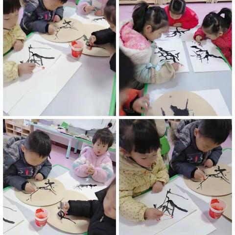 墙角数枝梅，凌寒独自开。这寒冷的冬日里，还有一种花迎着寒风悄悄开放，它就是来自“中班”水墨、颜料吹画腊梅花！