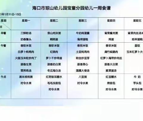 海口市琼山幼儿园宝童分园第十六周2021年1月11日—14日幼儿食谱