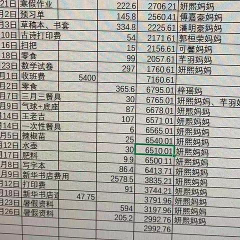 2021年二一班春季班费支出明细