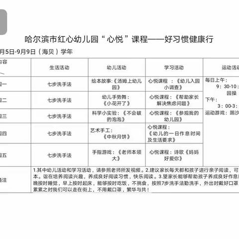 哈尔滨市红心幼儿园 “心悦”课程 ——“好习惯，健康行”活动指导手册9月5号