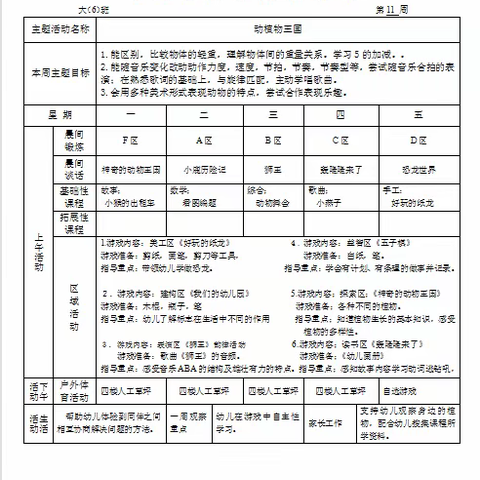 新城中心幼儿园大6班第11周安排