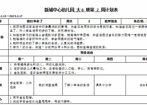 新城中心幼儿园大6班第二学期第2周安排