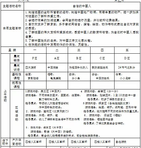 新城中心幼儿园大6班第4周安排