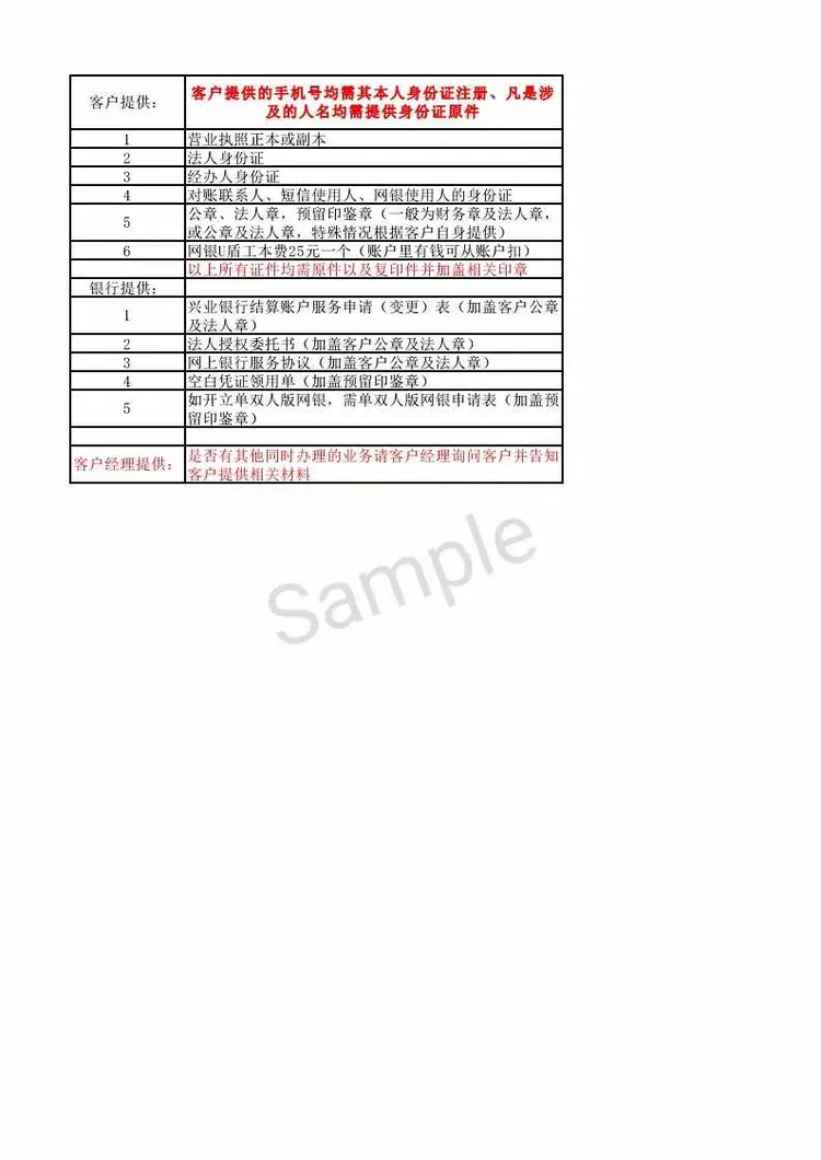 兴业银行三亚分行各类对公业务客户及银行提供表格