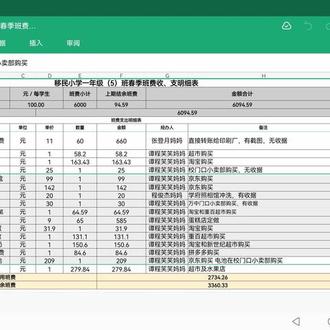 一年级下册班费开支明细