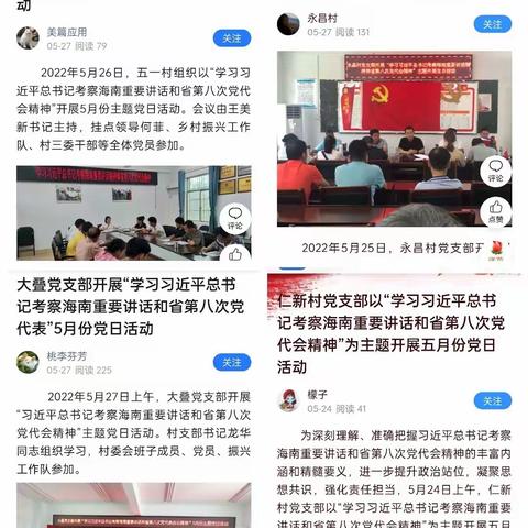 “学习习近平总书记考察海南时的重要讲话和省第八次党代会精神”——龙泉镇组织各支部开展5月份主题党日活动