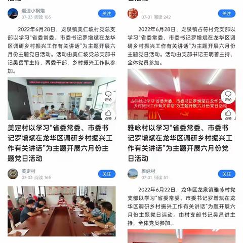 “学习省委常委、市委书记罗增斌在龙华区调研乡村振兴工作有关讲话”——龙泉镇组织各党支部开展6月份主题党日活