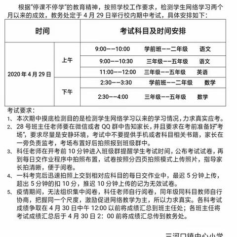 疫情期间不停考，线上考试促教学———三河口镇中心小学