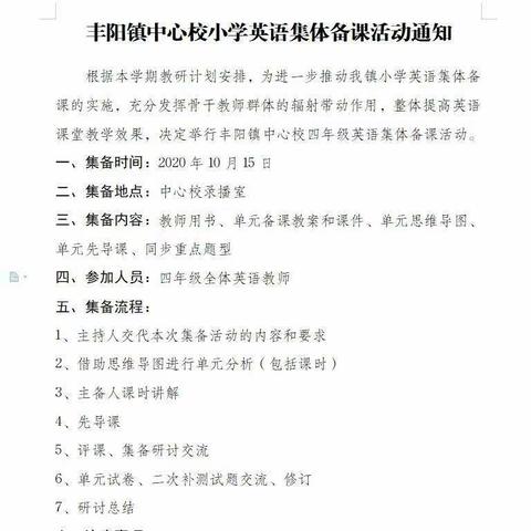 集思广益    取长补短——丰阳镇中心校四年级全体英语教师集体备课活动纪实