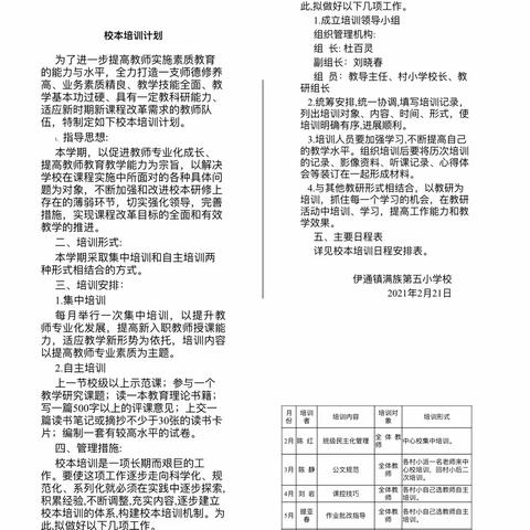 打造精良师资队伍 促进教师专业成长——伊通镇满族第五小学校2020——2021第二学期校本培训总结