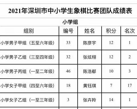 布心小学象棋队获得深圳市象棋比赛小学组团体总分第一名