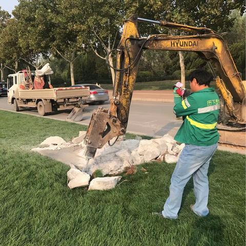 经十东路拆除废弃混凝土基础恢复绿地