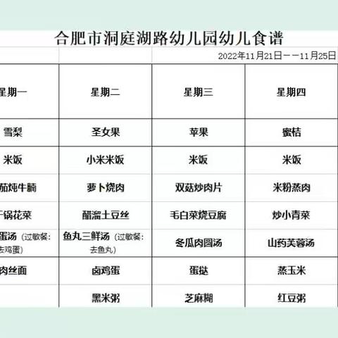 合肥市洞庭湖路幼儿园一周食谱(2022.11.21－11.25)