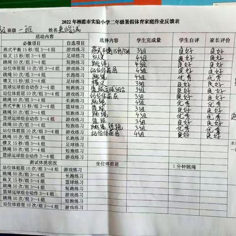 我运动，我快乐——实验小学2.1中队暑假体育家庭作业打卡