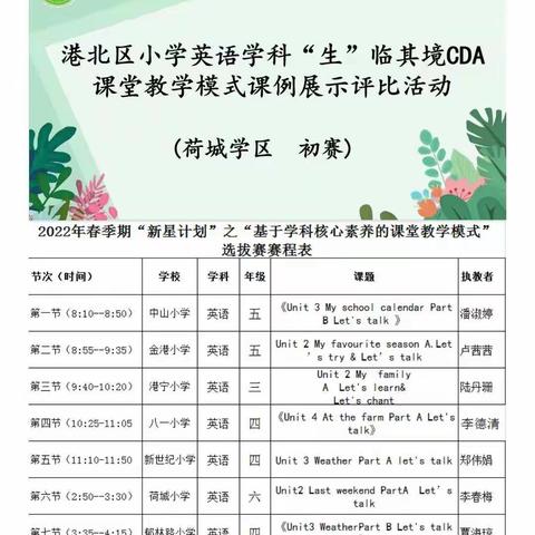 携手共创优质课，砥砺前行共成长——暨港北区小学英语学科“生”临其境CDA课堂教学模式课例展示评比活动