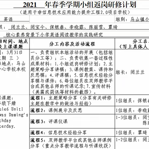 给自己充充电，让我们更有力量！——记2021春马山镇小学英语1组第一次返岗研修活动