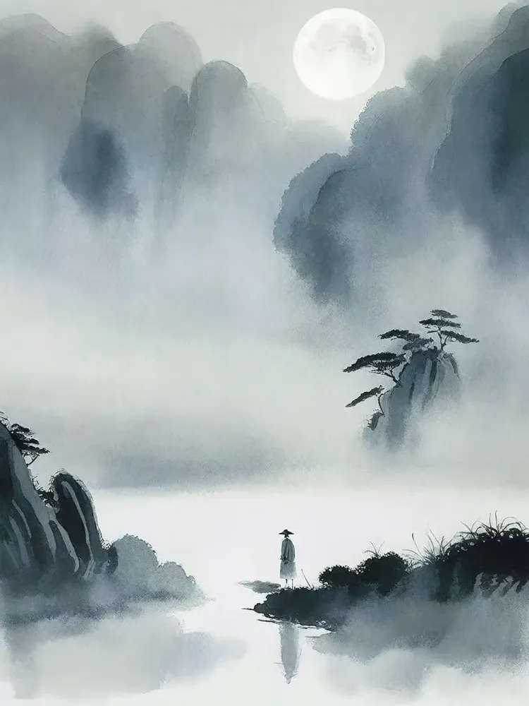 写意绘画 禅意 月夜