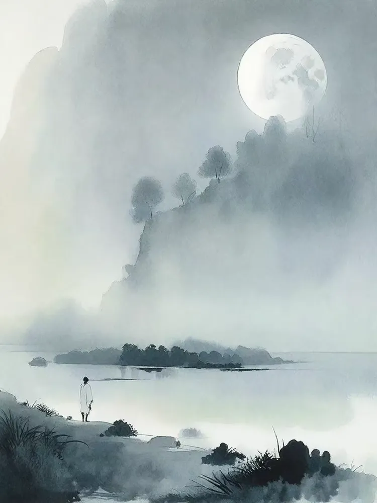 写意绘画 禅意 月夜