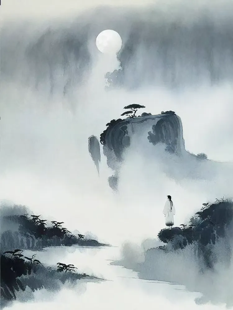 写意绘画 禅意 月夜