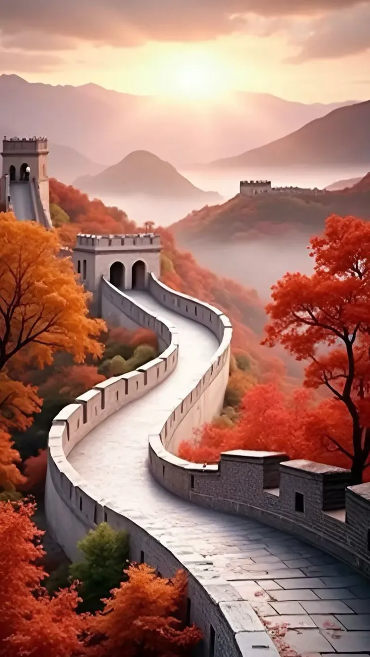 云间长城秋,红叶缀山峰
