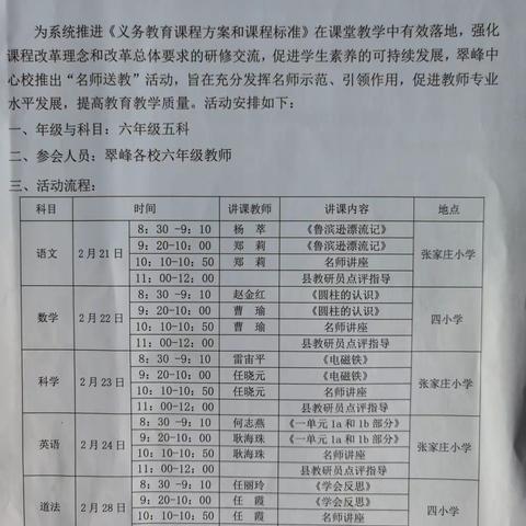 名师送教绽芳华   专家指导共携手  ——新课标背景下翠峰中心校名师送教活动