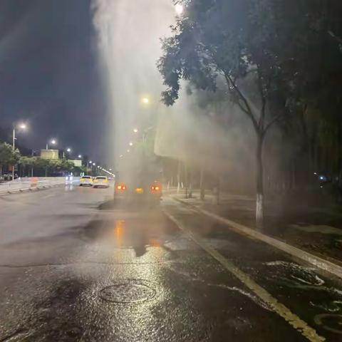 夜间清洗北京路，黄河路行道树